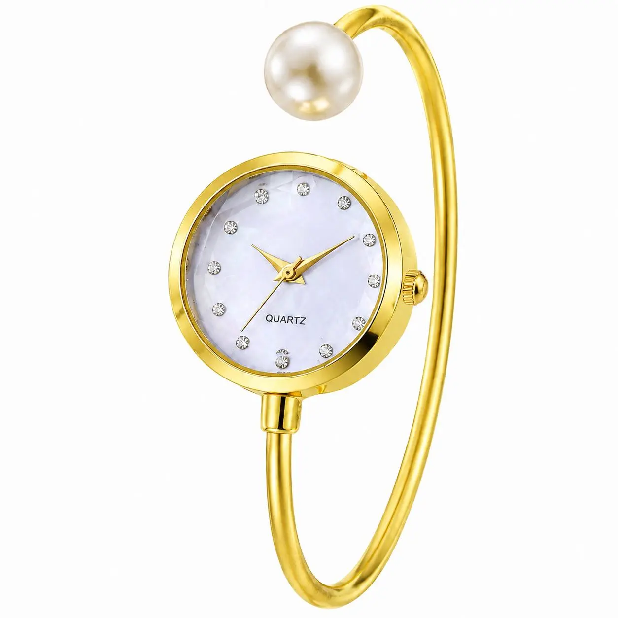 OIDEA Women's Bangle Bracelet Watch with Faux Pearl and Rhinestone Accents, Mother of Pearl Dial Quartz Analog Cuff Wristwatch