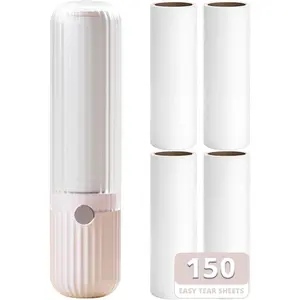 Compact Lint Roller with 150 Sheets - Portable  Remover for Clothes, Furniture, and Travel Essentials Household Use, 1 Handle+5 Roller Refills (Pink)