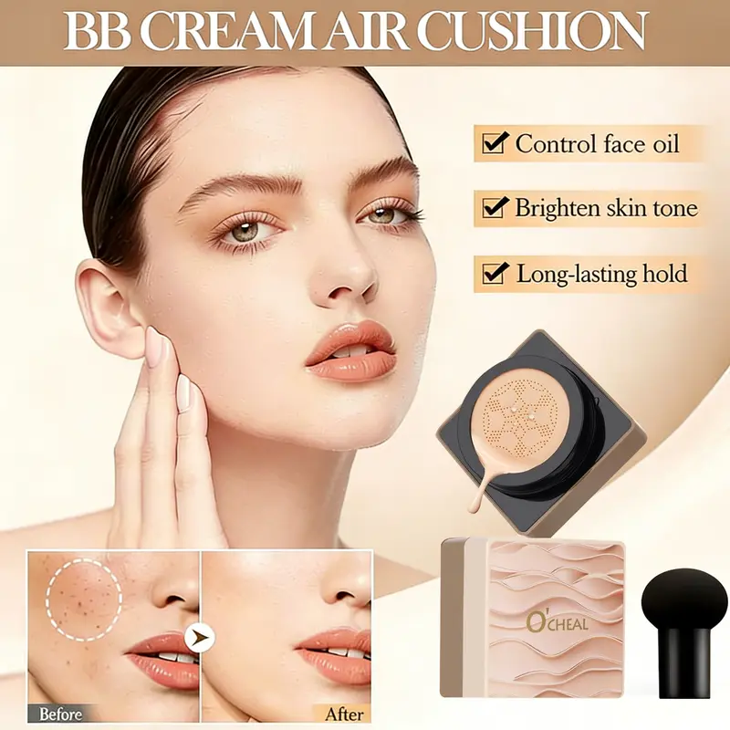 Air Mushroom Cushion BB Cream — Natural Finish, Non-Cakey, Brightening Foundation — Concealing, Long-Lasting, and Smudge-Proof