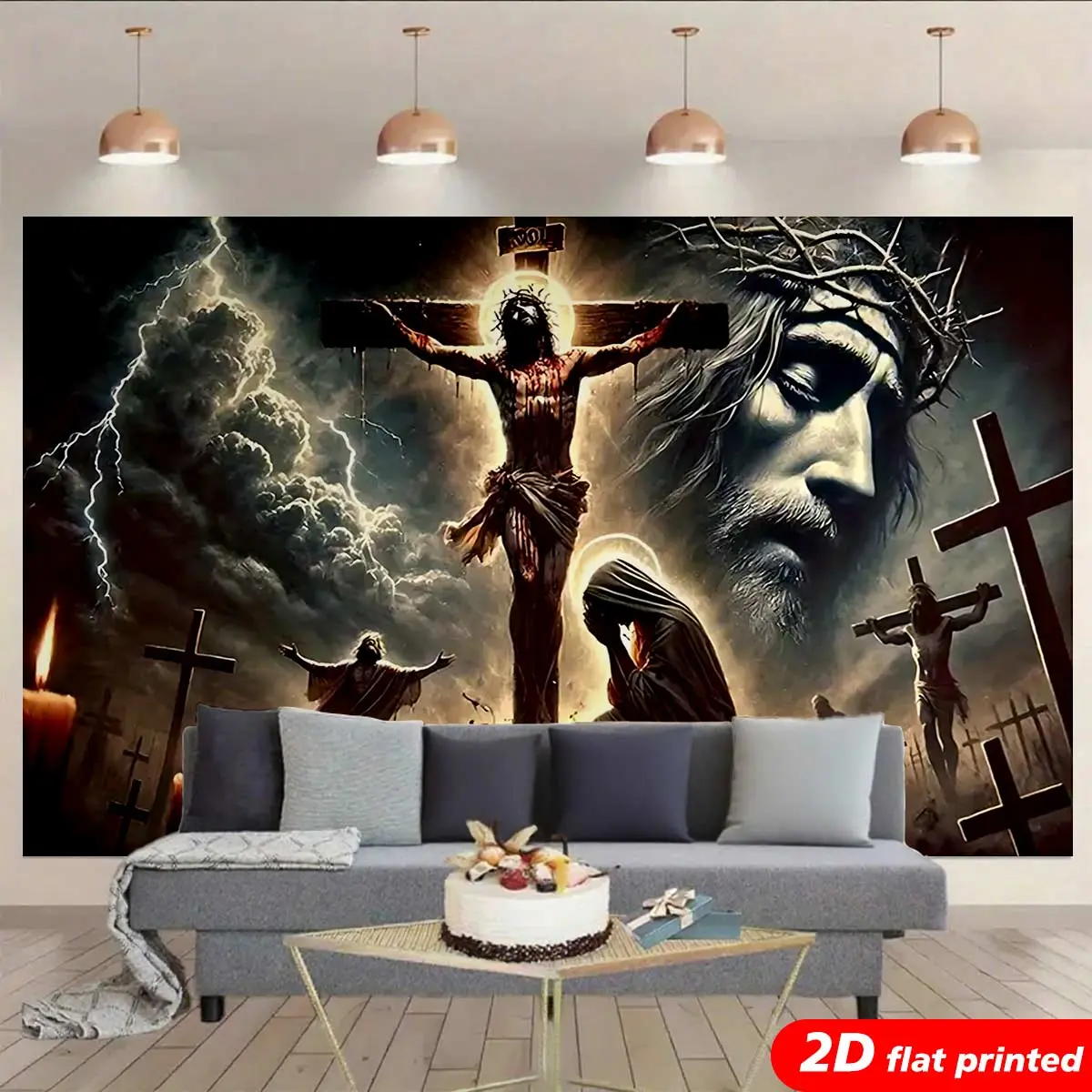 Glossy Polyester Christian Crucifixion Tapestry Wall Hanging - Wrinkle Resistant 2D Flat-Printed Jesus Christ Cross Artwork, Tapestry Wall Mural, Living Room & Bedroom Room Decor, Church Faith Gift