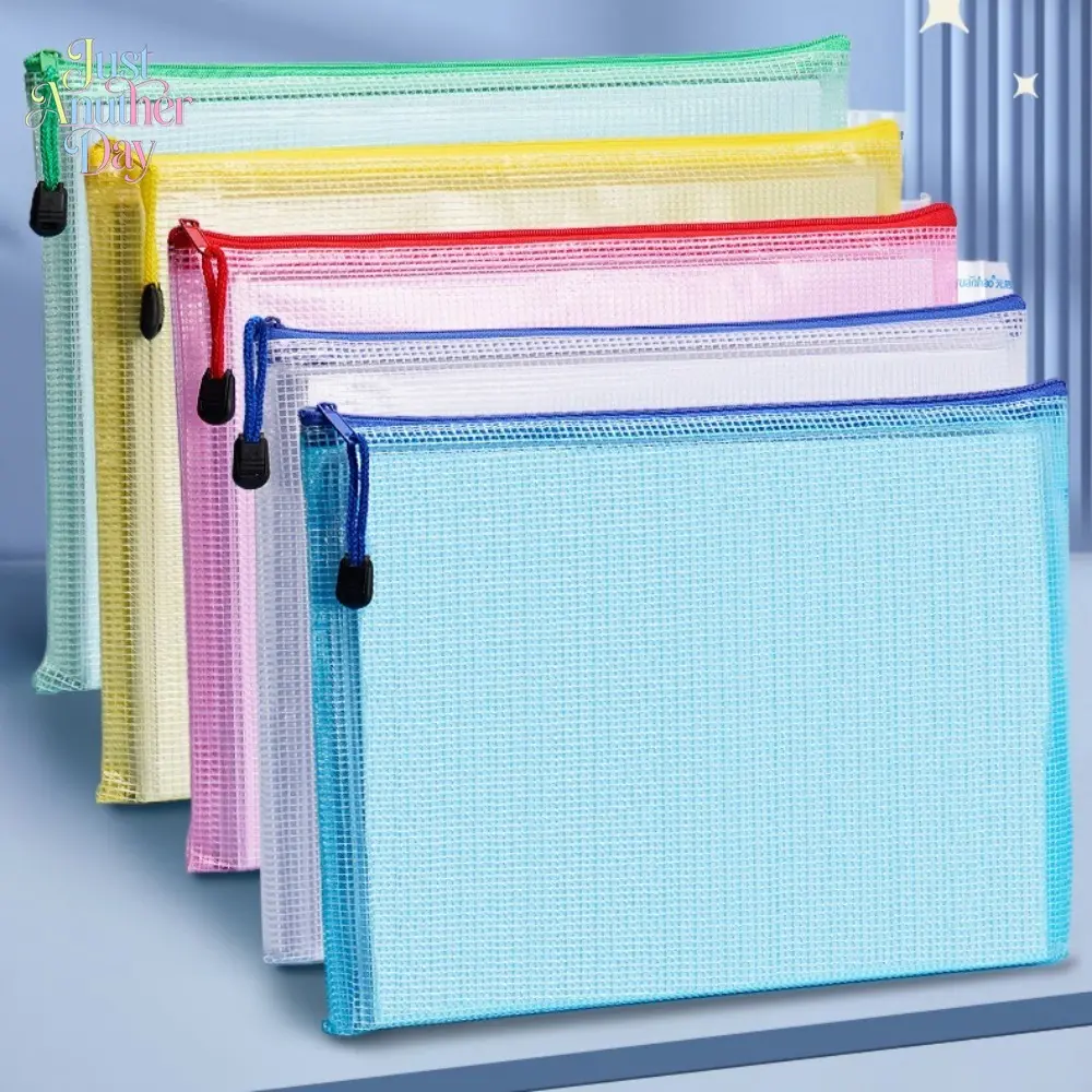 10-Pack A4 PVC Mesh Zipper Pouch, Waterproof Transparent File Bags, Colorful Grid Document Organizers for School, Office, Travel, Cosmetics & Stationery Storage