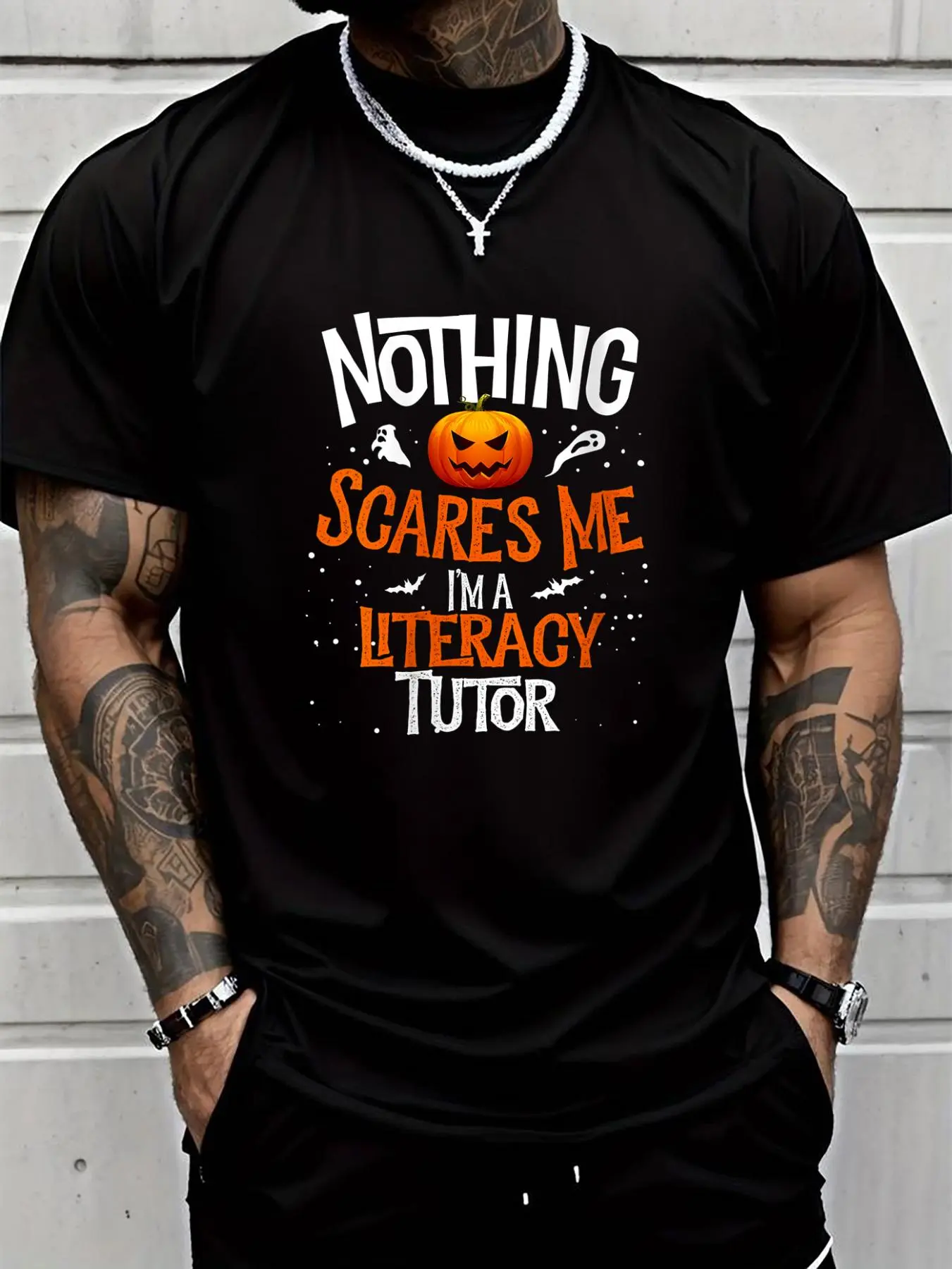 100% cotton Women Mens You Cannot Scare Me I'm a Literacy Tutor Halloween o-neck T-Shirt Printed T-shirt, Short-sleeved Crew Neck Casual Top, Suitable For All Seasons, Men's Wear