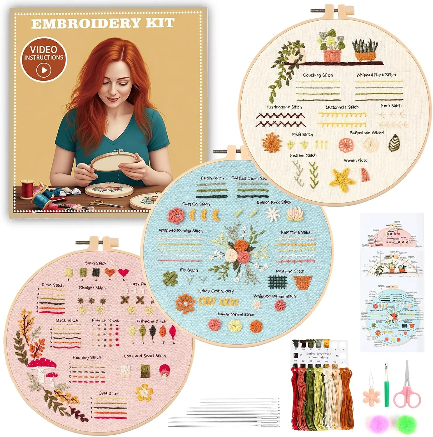 Beginner Embroidery Kit for Adults - 3 Sets  Stitch Kits with Stamped Patterns, Hoop, Threads, , Video Tutorial - Needlepoint Kits for Beginners