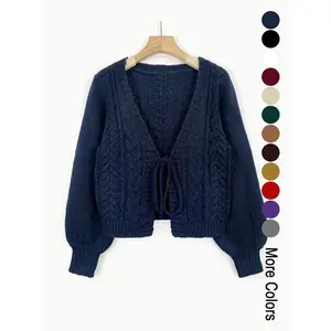 Women's Solid Drop Shoulder Tie Front Blue Cardigan, Comfort Basic Minimalist Fashion Casual Long Sleeve V Neck Knitwear for Fall & Winter, Lady Knitting Tops, Women Clothing for Daily Outdoor Wear, Womenswear