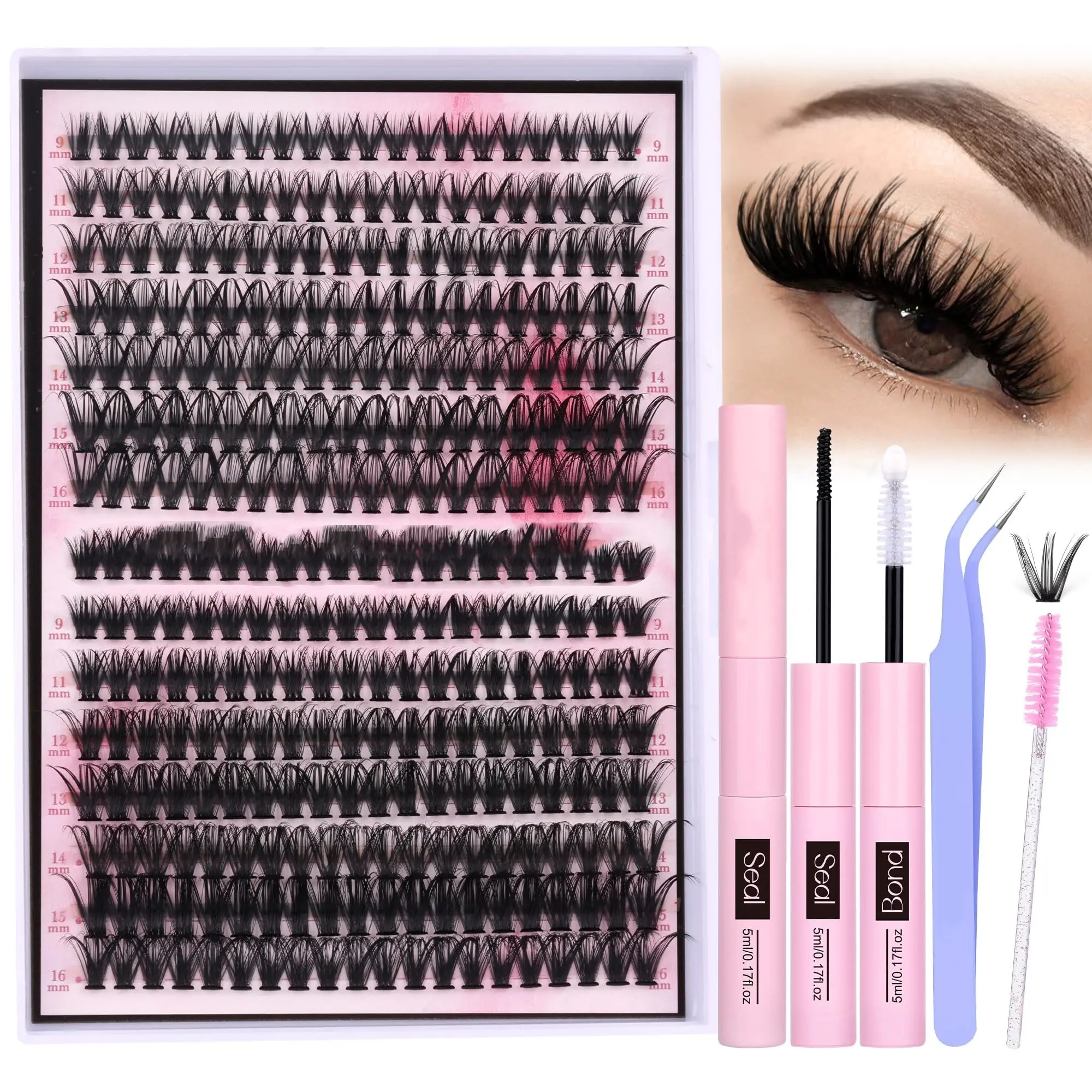 Lash Extension Kit - Volume Lash Clusters 40D & 50D D Curl Individual Lashes - 280 count Thick Eyelash Extension Kit with Lash Bond, Seal, and Tweezers