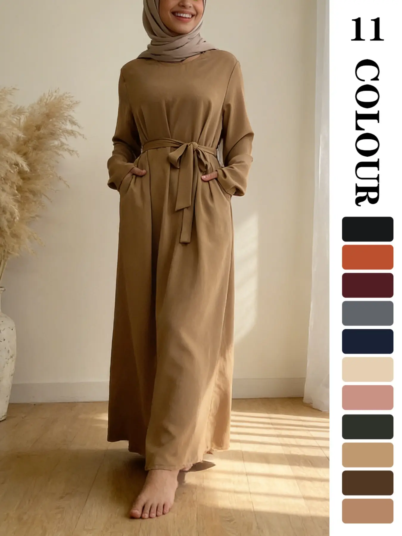 Muslim Sleepwear Dress, Islamic Modesty Clothes, Pure Color Nida Fabric Long Skirt [with Pockets] [Waist Belt Included] [11 Colors] [5 Sizes] Ramadan Clothing [not included Hijab] Long Sleeve Dresses Modest Islamic Clothing
