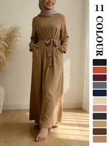Muslim Sleepwear Dress, Pure Color Nida Fabric Long Skirt [with Pockets] [Waist Belt Included] [11 Colors] [5 Sizes] Elegant Ramadan Clothing [not included Hijab] Long Sleeve Dresses