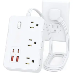 Surge Protector Power Strip with Flat Plug, 3 FT Extension Cord with 6 AC Outlets 4 USB Ports,1050J Surge Protection, Wall Mountable  Station for Office, Home, White