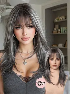 18 Inch Elegant Long Curly Wig with Highlights and Bangs, Synthetic Hair, Gradient Color, Heat Resistant, Suitable for Daily, Parties, Holidays, Travel, Synthetic Curly Wigs
