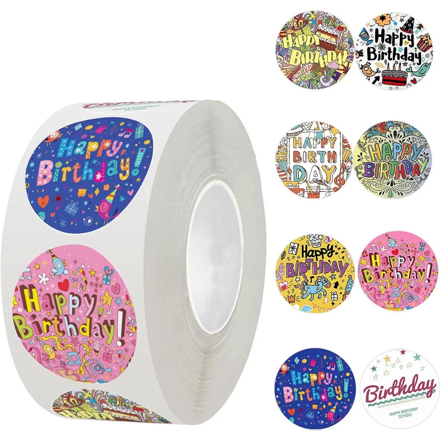 Happy Birthday Roll Stickers Round Seal Labels 500 count 1" Self-Adhesive Decorative  Tags for Envelope Card Present Box Cupcake Party Favors