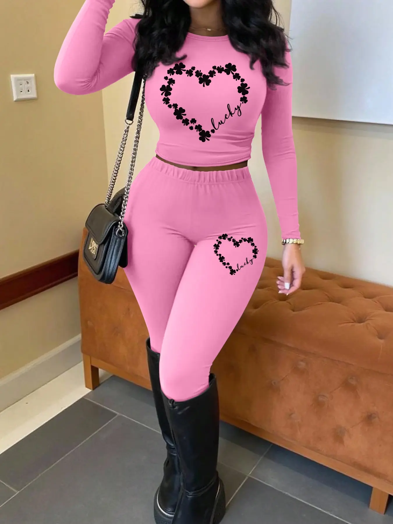 Valentine's Day Spring Fall Fashion Casual Simple Heart Print Long Sleeve Crop Top + Pants Two-Piece Set, 10 Colors Available
