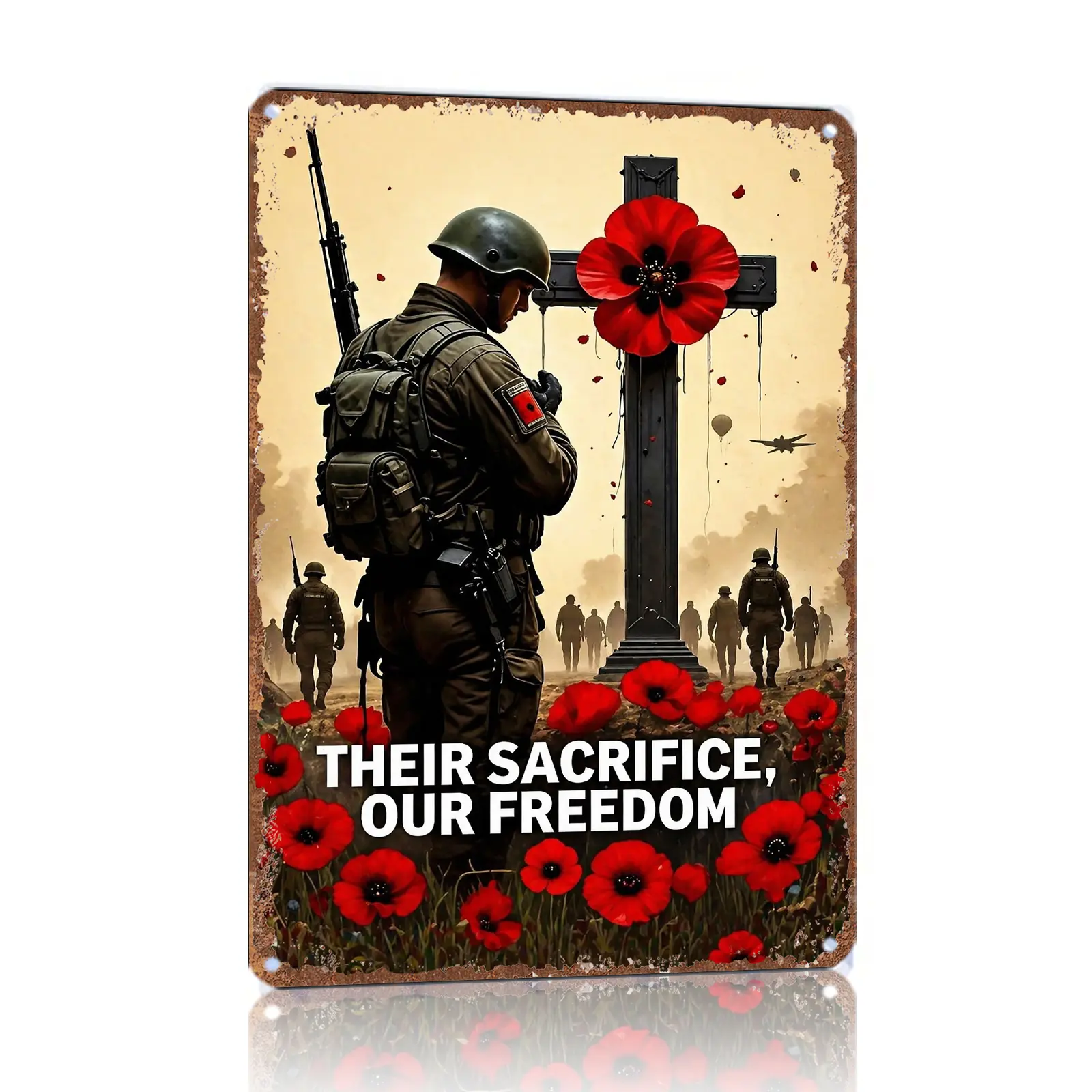 Vintage Aluminum Rectangular Metal Wall Plaque Sign - Military Soldier Cross, Red Poppy, Remembrance Quote, 12x8 in Memorial Day Adult Veterans Commemorative Gift for Home Decor