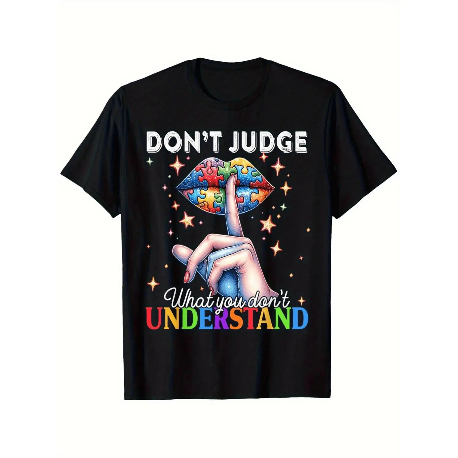 Autism Awareness Short-Sleeve Round Neck Cotton Sports Top, Colorful Puzzle Lips & Bold Text Design, Breathable Beach Streetwear for Casual Wear & Gift Giving