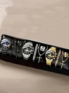 12-Piece Luxury Men's Complete Accessories Set: Stainless Steel Quartz Watch with Cross Necklace, Bracelet and Ring