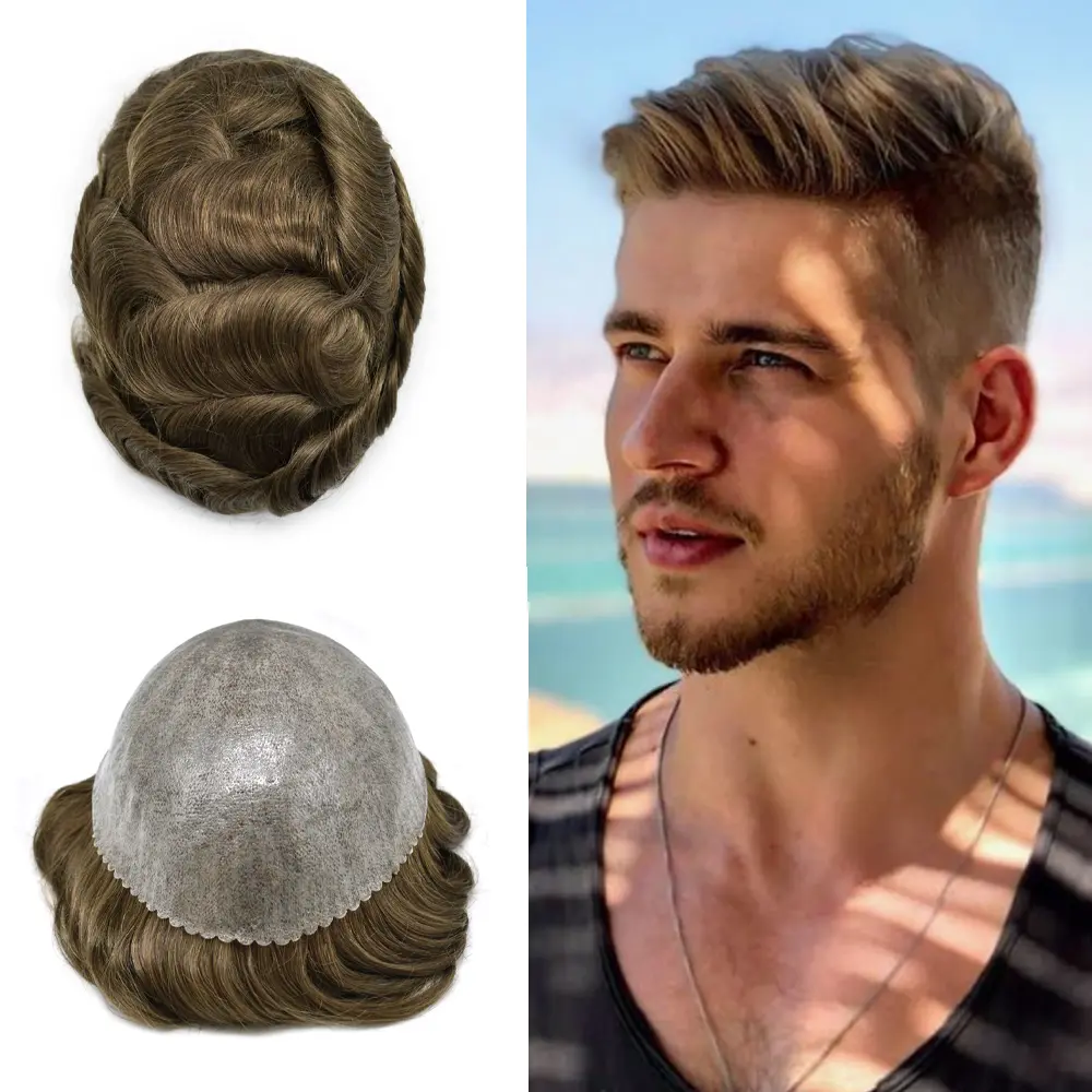 Full Poly Hairpiece for Men Toupee Real Human Hair Replacement System Natural Looking Mens Wig Durable PU Injected Mens Hair System Hair Pieces for Men Hair Unit for Hair Loss protesis capilar hombre Male Hair Prosthesis
