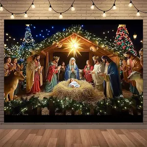 Nativity Scene Backdrop Christmas Holy Night Tapestry Wall Hanging Photography Background for Holiday Celebration Church Gathering Family Party Winter Decor Photo Booth Props