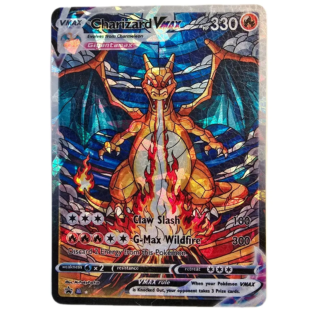 Charizard VMAX Stained Glass Volcano Custom Card, Shattered Glass Holo or Textured Shattered Glass Holo
