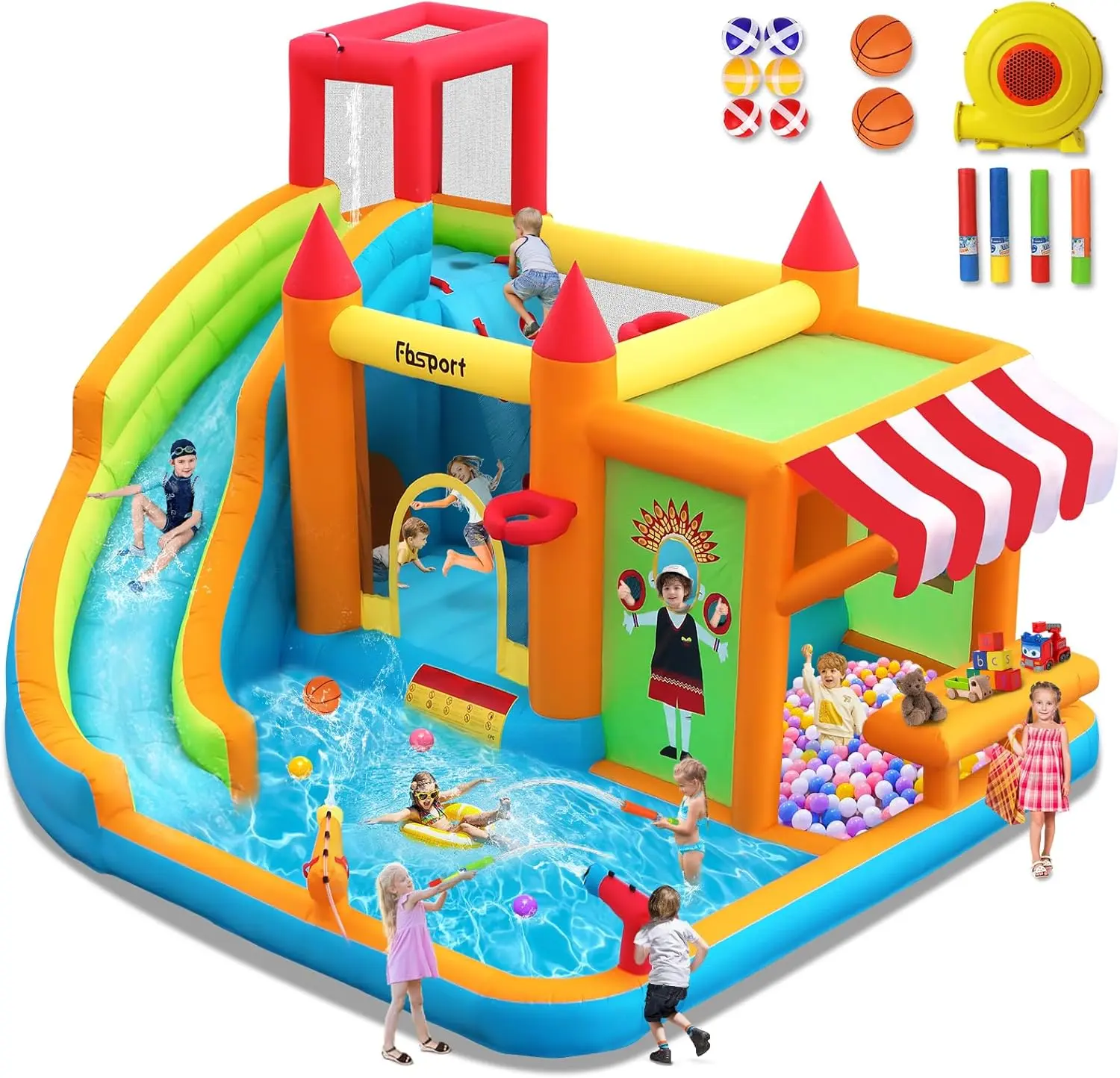 FBSPORT Inflatable Bounce House Water Park - Backyard Water Slide with Toy Market, Splash Pool, Jumping Area, Climbing Wall, Ball Dart, 620W Blower for Outdoor Activities, Indoor Kids Gift