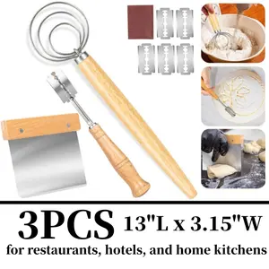 Stainless Steel 3-Piece Dough Whisk Set - Baking Utensils for Sourdough Making, Includes Dough Scraper, Bread Cutter, Bread Lame with Blades, Cycling & Outdoor Leisure Equipment