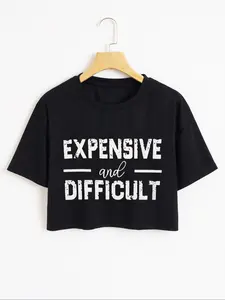 Women's Letter Print Drop Shoulder Crop Tee, Casual Short Sleeve Round Neck T-shirt for Daily Wear, T Shirts for Women, Graphic Tees, Streetwear Tops for All Seasons, Clothing