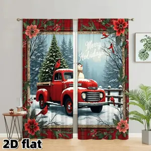 2D Flat 2Pcs Christmas Vintage Red Truck Curtains, Holiday Poinsettia Plaid Border, Winter Snowman Scene, Rod Pocket Design, Semi Sunshade Polyester Fabric, Festive Cardinal Birds Print, Merry Holidays Window Panel for Living Room Bedroom Kitchen