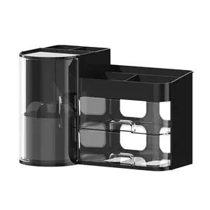 Large Black Rotating Makeup Organizer with Brush Holder Drawers Countertop Cosmetic Skincare Storage Display Case