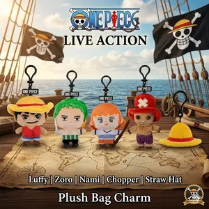 One Piece Officially Licensed Live Action Plush Keychain, Luffy Zoro Nami Chopper Straw Hat, Anime Collectible Bag Charm Keyring