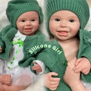 17.7inch/45cm Lovely Reborn Silicone Girl Doll Open Eyes Handmade Painted Full Body Soft Solid Silicone Newborn Baby Dolls With Green Coat And White Skirt Perfect Gifts For Youngsters