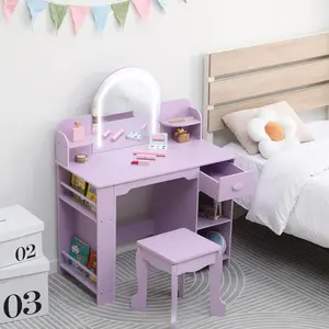 Gaomon Purple Kids Vanity with Lights, 2-in-1 Makeup Dressing Table & Stool for Little Girls, Featuring Lighted Mirror, Bookshelf, Drawer & Open Shelves