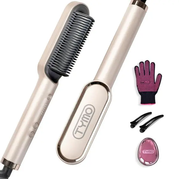 TYMO Hair Straightener Brush, Hot Comb Hair Straighteners for Women | Hair Straightener Comb, Straightening Brush with 5 Heat Settings, 20s Fast Heating & Dual Voltage, Gold