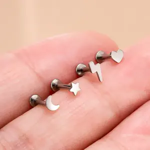 Oufer 16G Titanium Internal Threaded Star Moon Heart Falsh Cartilage Earring Stud Bar Bength 6mm