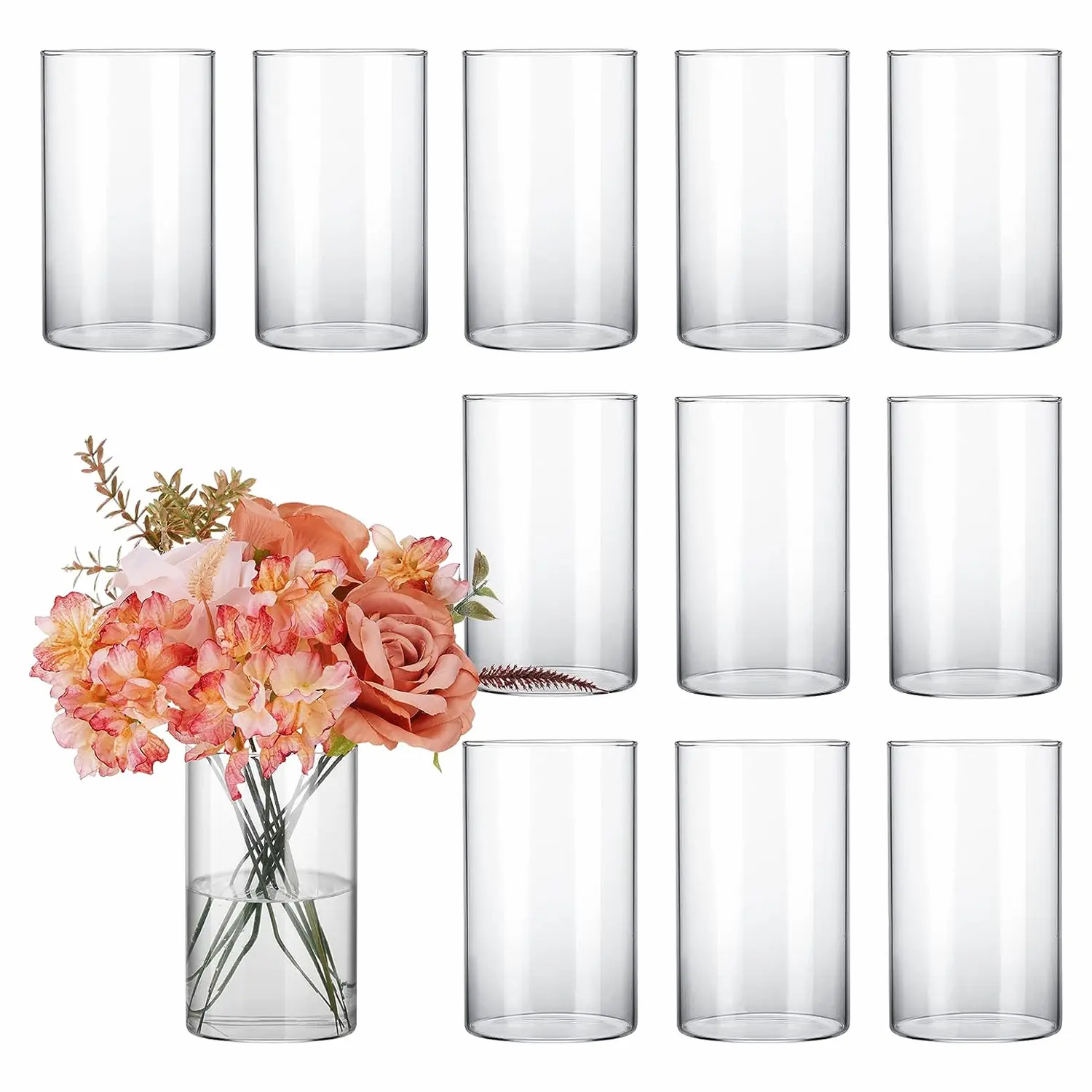Whonline 12 Pcs Glass Cylinder Vases for Centerpieces, Flower Vases Wedding Decorations, 6 Inch Tall Glass Hurricane Candle Holder for Table Shelf, Floral Vase Bulk for Home Decor
