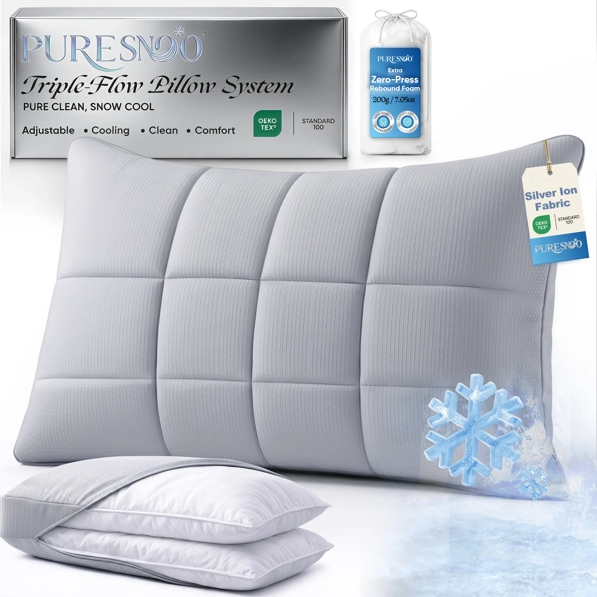 Cooling Pillow for Side Sleepers, Adjustable Loft Bed Pillow for Hot Sleepers, Back & Stomach Sleepers, Silver-Infused Cool Soft Firm Pillows, Ideal Mother's Father's Day Gift, Gray