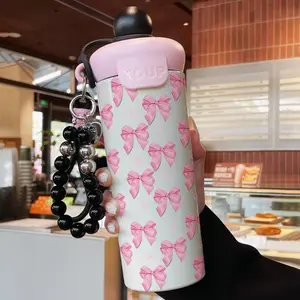 600ML Insulated Cup with Beaded Bracelet, Leakproof Insulated Tumbler, Bow Pattern Stainless Steel Mug, Leak-Proof Durable Coffee Cup for Travel