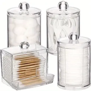 4pcs Bathroom Organizer Accessories Holder Storage with Lids, Cotton Ball/ Swabs Dispenser, Apothecary Container Jar