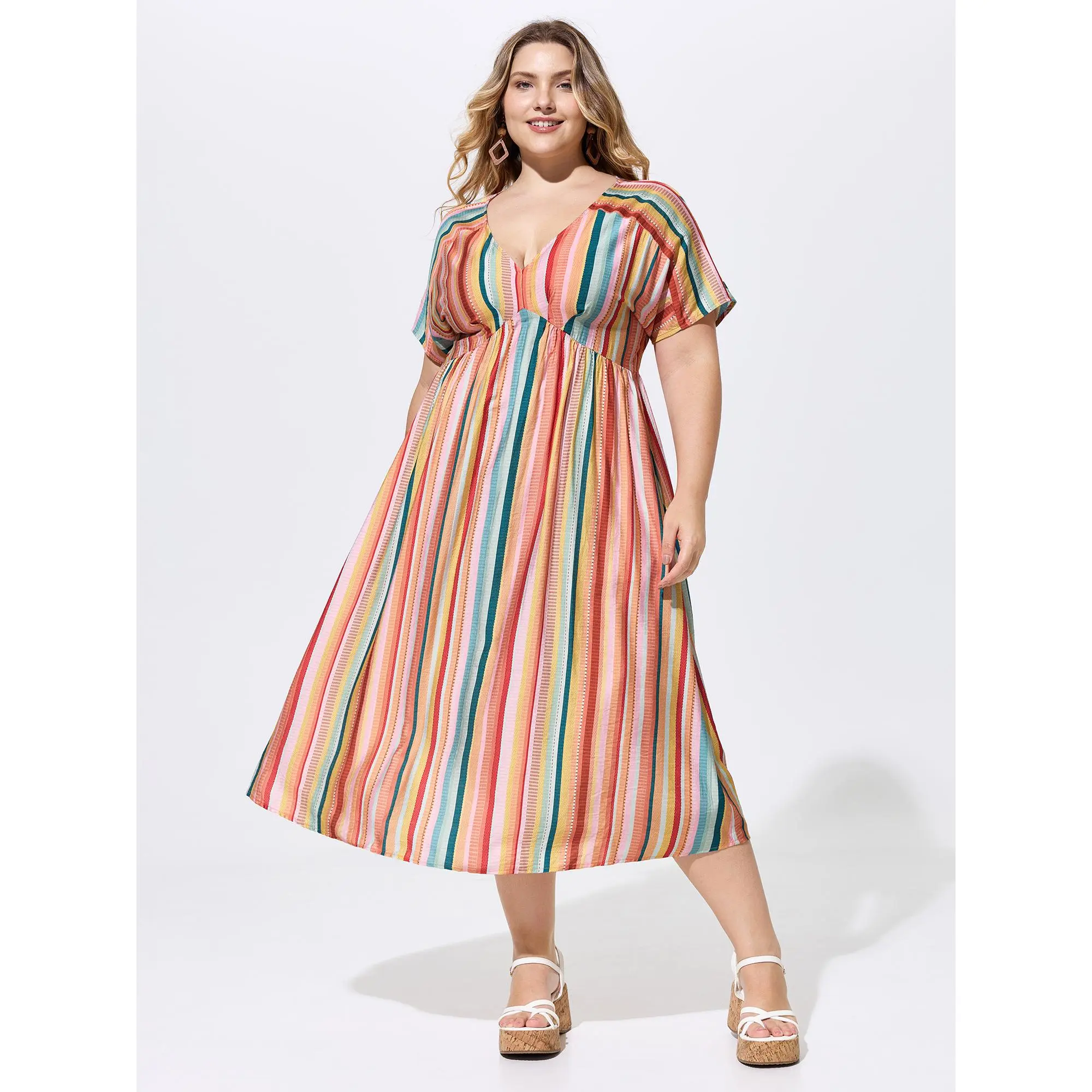 BloomChic Women's Plus Size Multicolor Boho Striped V-Neck Tunic Midi Dress - Short Dolman Shortsleeve, Nylon-Rayon Blend, Pockets, Pull-On, Low Iron, Cold Wash, No Tumble Dry, Smooth Fabric, 14-16/1X Fit, Summer Casual Wear