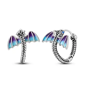 MULA Silver-Plated Dragon-Inspired Hoop Earrings - Animal-Shaped, Character-Shaped Cosplay Earrings with Gradient Enamel Wings, Sparkling Cubic Zirconia Eyes - Fantasy Lovers' Unique Accessory, Halloween Gift, Animal-Shaped Earrings