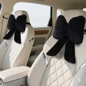2 Pack Bow Plush Car Headrest Neck Pillows Head Support Cushions for Travel Driving Office Chair Cute Car Decor Accessories Black