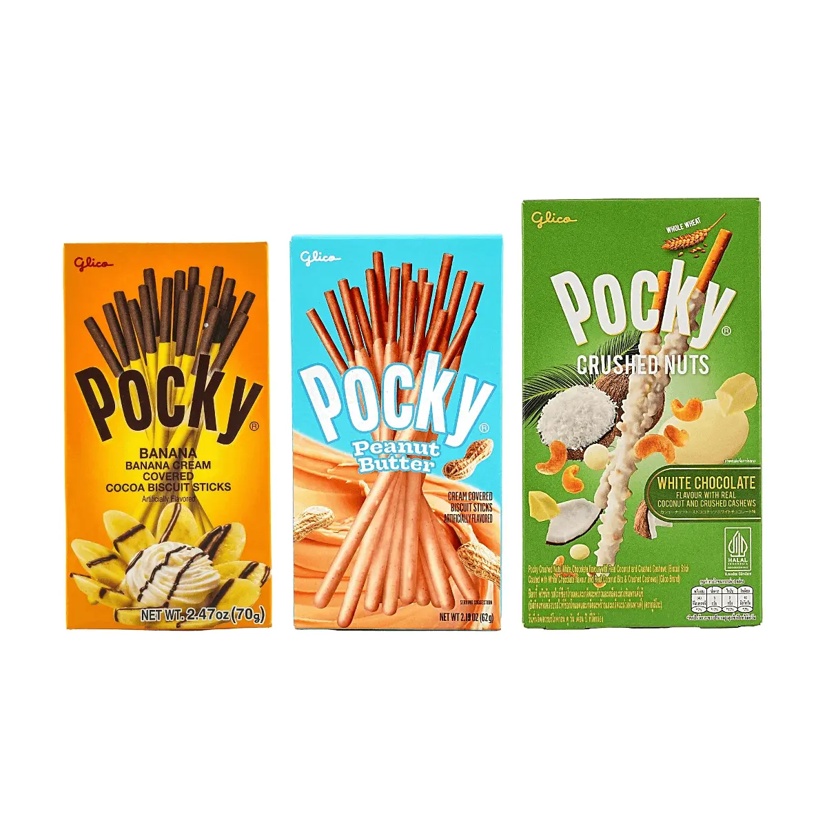3 Pack Thai GLICO POCKY Biscuit Sticks - Chocolate Banana + Peanut Butter + White Choco Nuts 5.54 oz