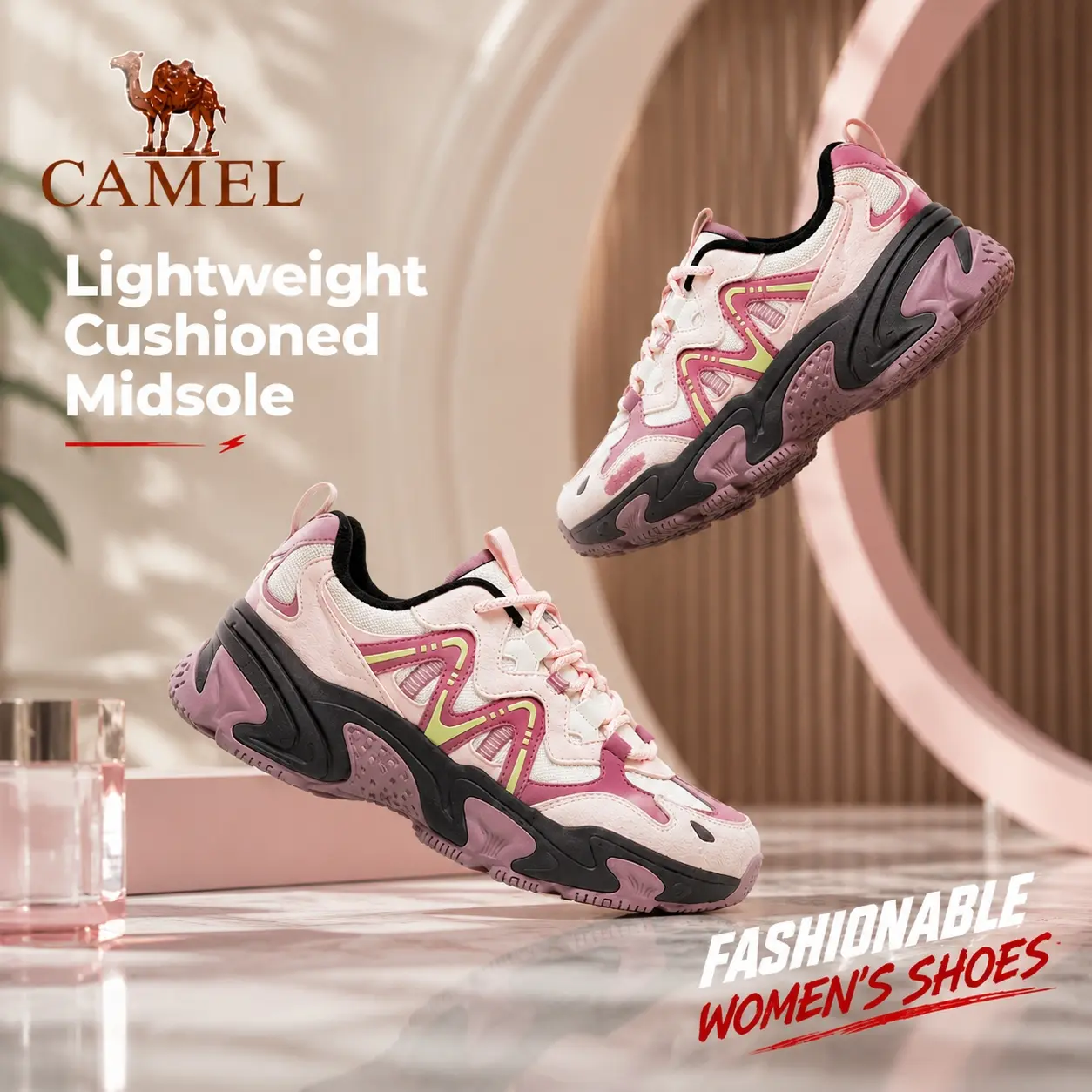 CAMEL Starry Wild Women's Chunky Heel Round Toe Casual Trainers - Lace Up, Breathable Platform Dad Shoes, Lightweight Everyday Walking Sneakers, Fashionable Casual Athletic Shoes for 2026 Spring Summer Vacations, Lace Up Sneakers