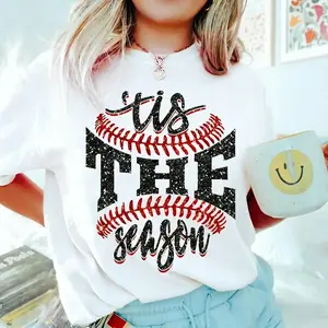 Sports Game Day Tshirt - Faux Glitter Tis The Season Baseball Shirt - Sports Team Mom Family Tee & Sweatshirt Shortsleeve Top, Casual Outfits Women2ZX