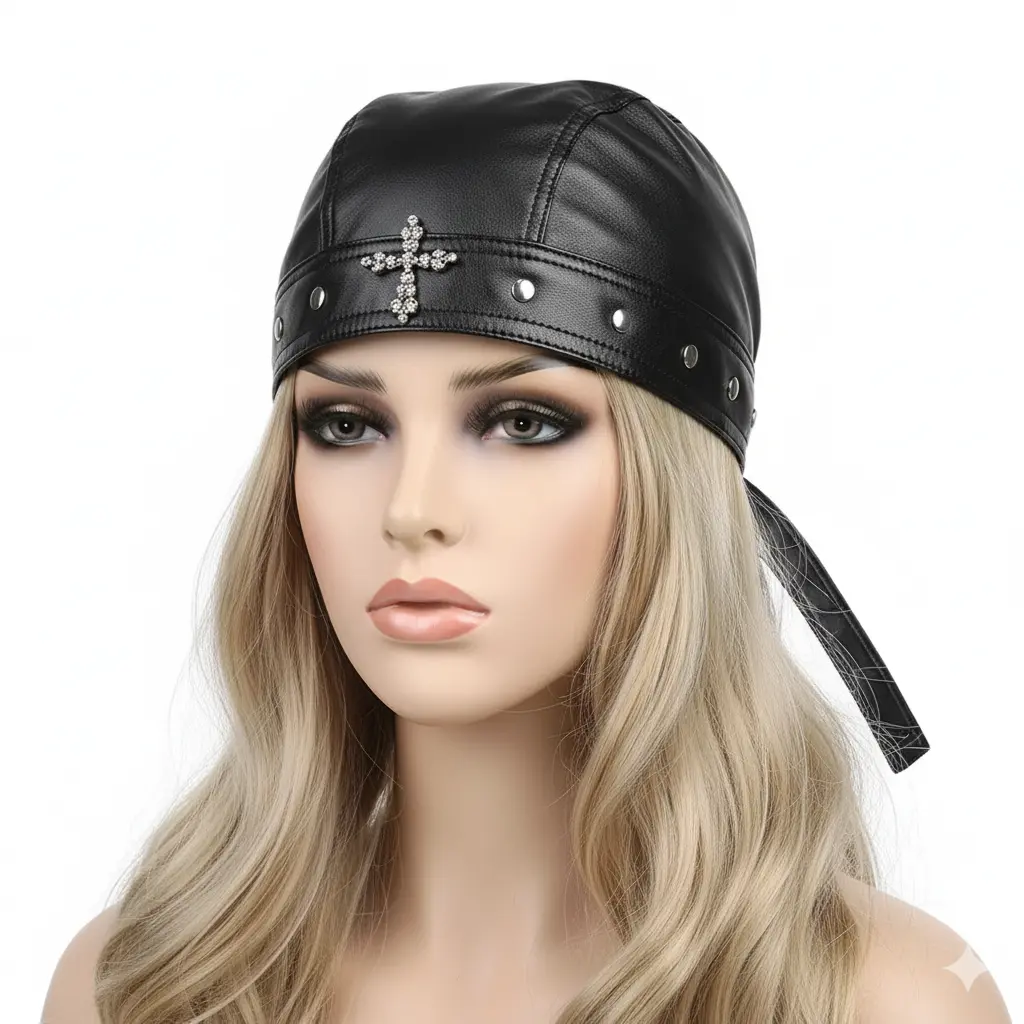 Gothic Punk Leather Head Wrap with Studded Cross Motif - Adjustable Tie-Back Unisex Fitted Hat, Leather Punk Edge Casual Daily Beach Street Wear Fashion Accessory