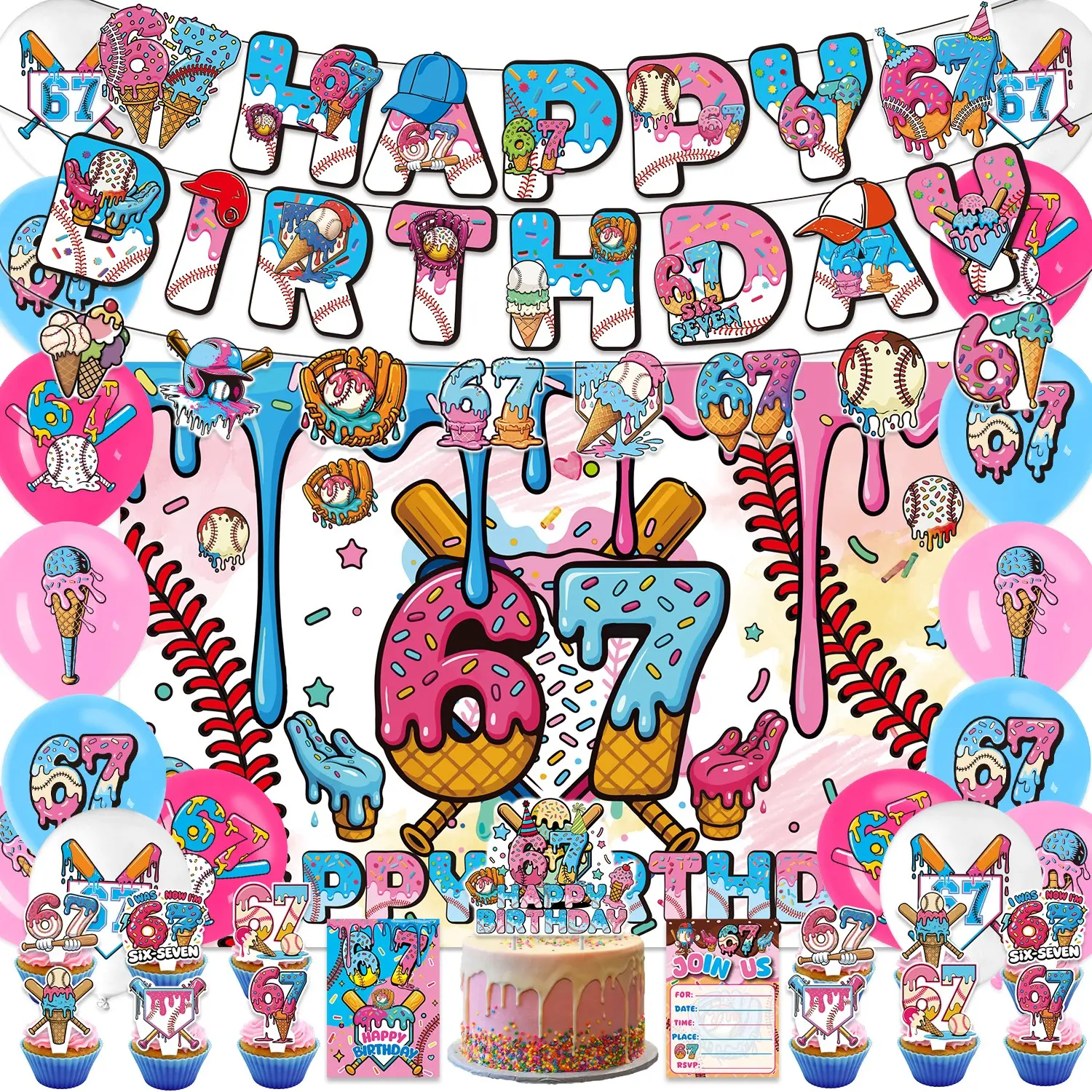 42-Piece Baseball Ice Cream Theme Birthday Party Decorations Supplies Set, Includes Banner, Cake Topper, Balloons, Backdrop, Invitation Cards