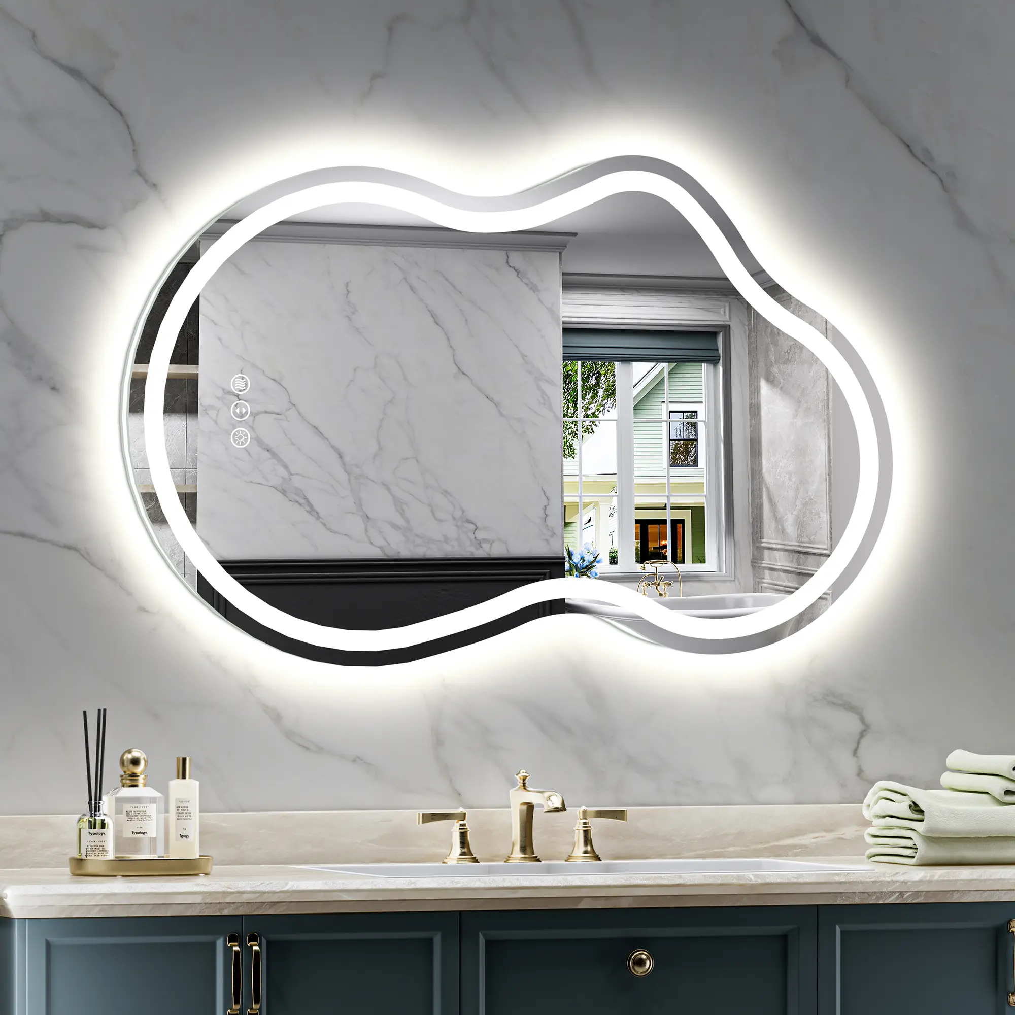 20x32 In Irregular Modern LED Backlit Wall Mounted Bathroom Mirror, Asymmetrical Cloud-Styled Lighted Vanity Mirror with Adjustable Back LEDs, Anti-Fog Tech, Dimmable Memory Function, Vertical-Horizontal Mountable Home Decor