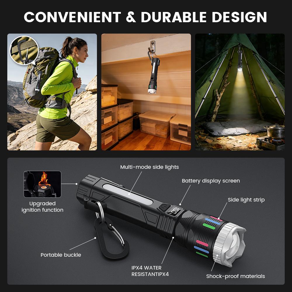 Lgnition Function Flashlight 2400-Lumen 2-in-1 Digital Display Flashlight—Rechargeable, Zoomable, Waterproof, and Adjustable Brightness—Ideal for Outdoor Camping and Emergency Situations.