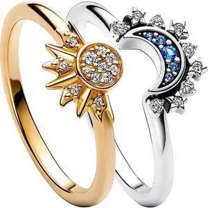 European and American Simple Shiny Sun Moon Blue Inlaid Diamond Stackable Celestial Couple Ring Set in Alloy Rhinestone