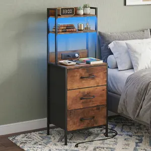 3 Drawers Tall Nightstand with LED Lights & Charging Station, 41 Inch Bedside Table with USB Port & Power Outlet, PU Fabric Storage Drawers, Multifunctional Side Table & Bookshelf for Bedroom Office, Black White Rustic Brown