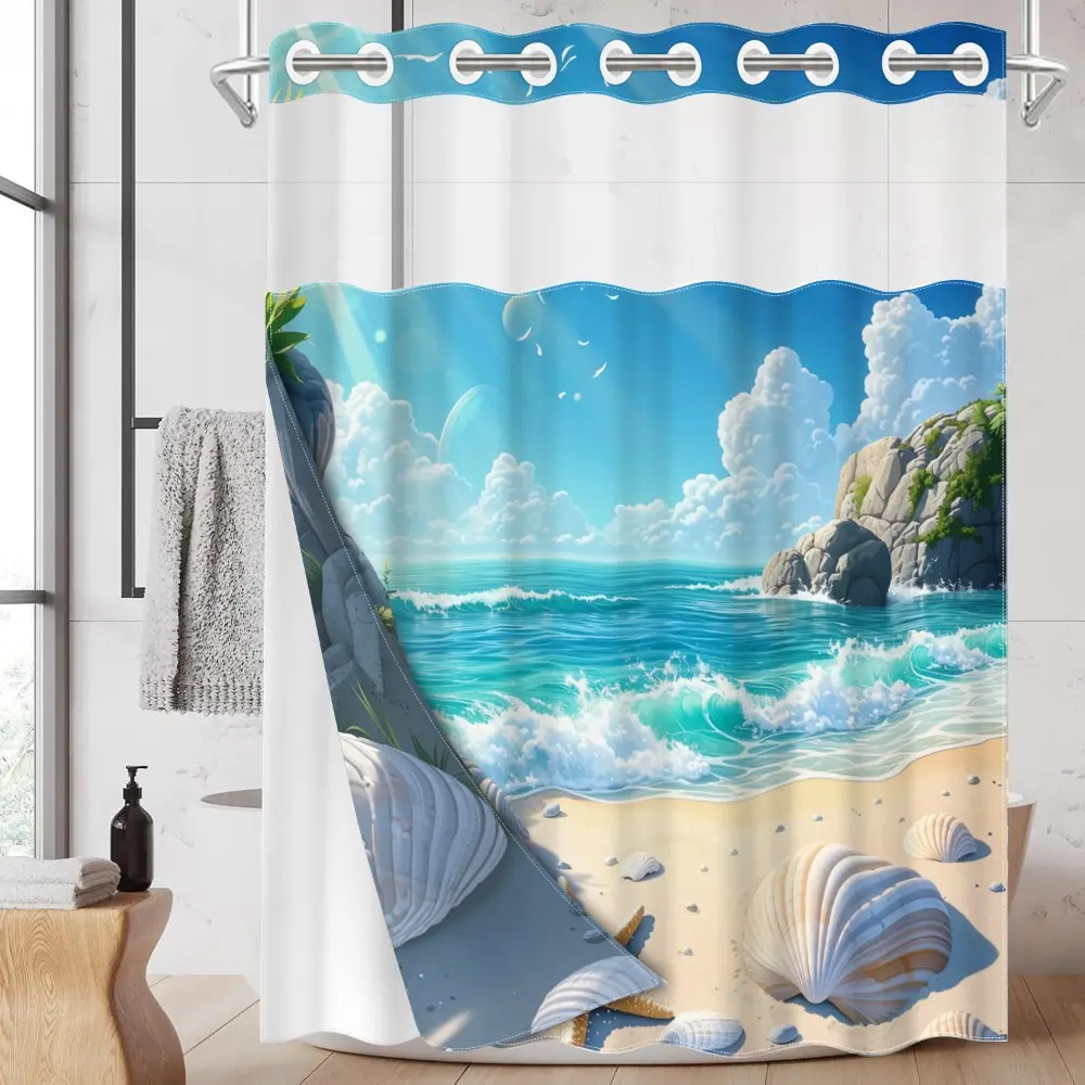 1PC/4PCS 2D Flat Printing Blue and White Beach with Shells and Starfish Patterned Aesthetic shower curtain, shower curtain set with 12 hooks, non-slip bathroom rug, U-shaped toilet seat cover, Bathroom Decor And Accessories
