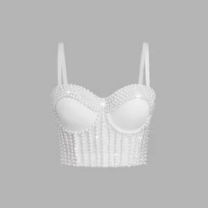 Quality Pearl Tank Tops Lady Corset Rhinestones Charming Bustier Colorful Acrylic Stone Nightclub Party Sexy Female Camis Women Crop Tops Summer Slim-Fitting Sleeveless Spaghetti Strap