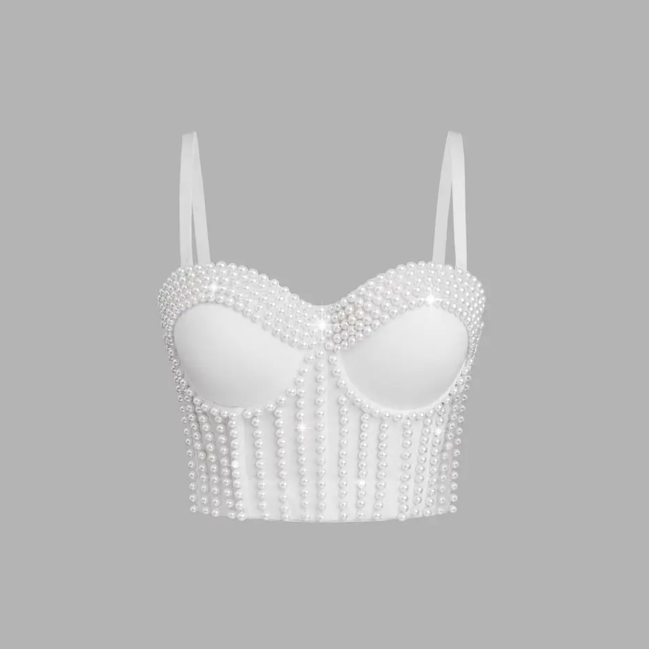 Colorful Acrylic Stone & Pearl Bustier Crop Top with Adjustable Spaghetti Straps, Women's Sexy Going Out Cami for Parties, Spaghetti Strap, Adjustable Strap Cami